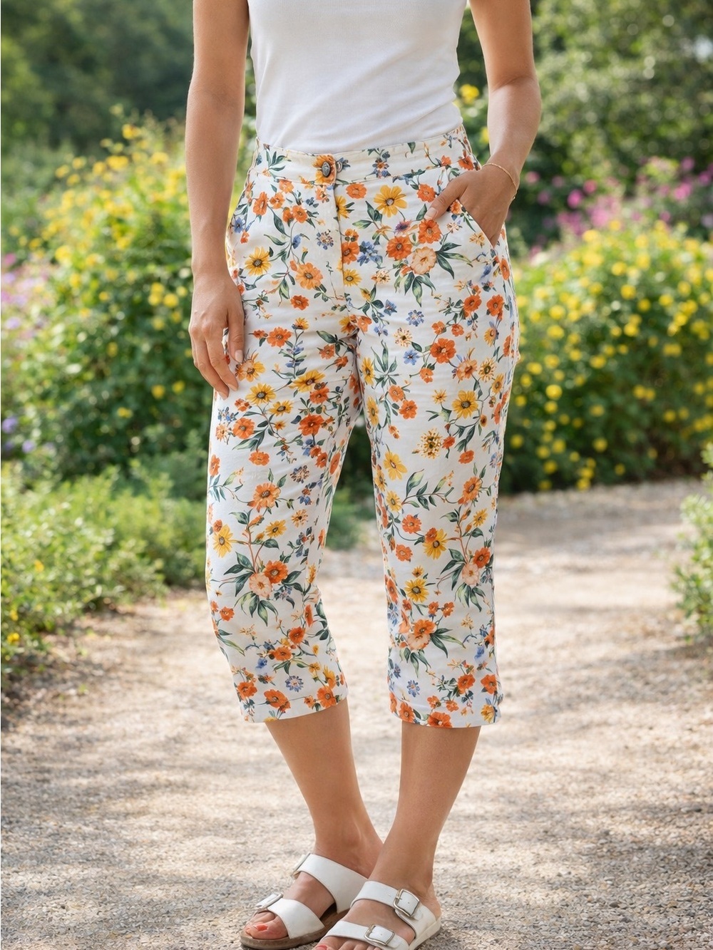 St John’s Women’s Capri Pants White with Floral Print Size 6